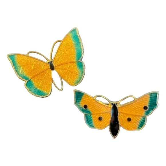 Vintage Enamel Butterfly Brooch Set Yellow Green Gold Tone Metal Pins - Picture 1 of 3